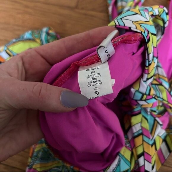 Trina Turk Geo Print Colorful Pink Green Deep V-Neck Open Back Swimsuit Size 10 - Picture 5 of 6